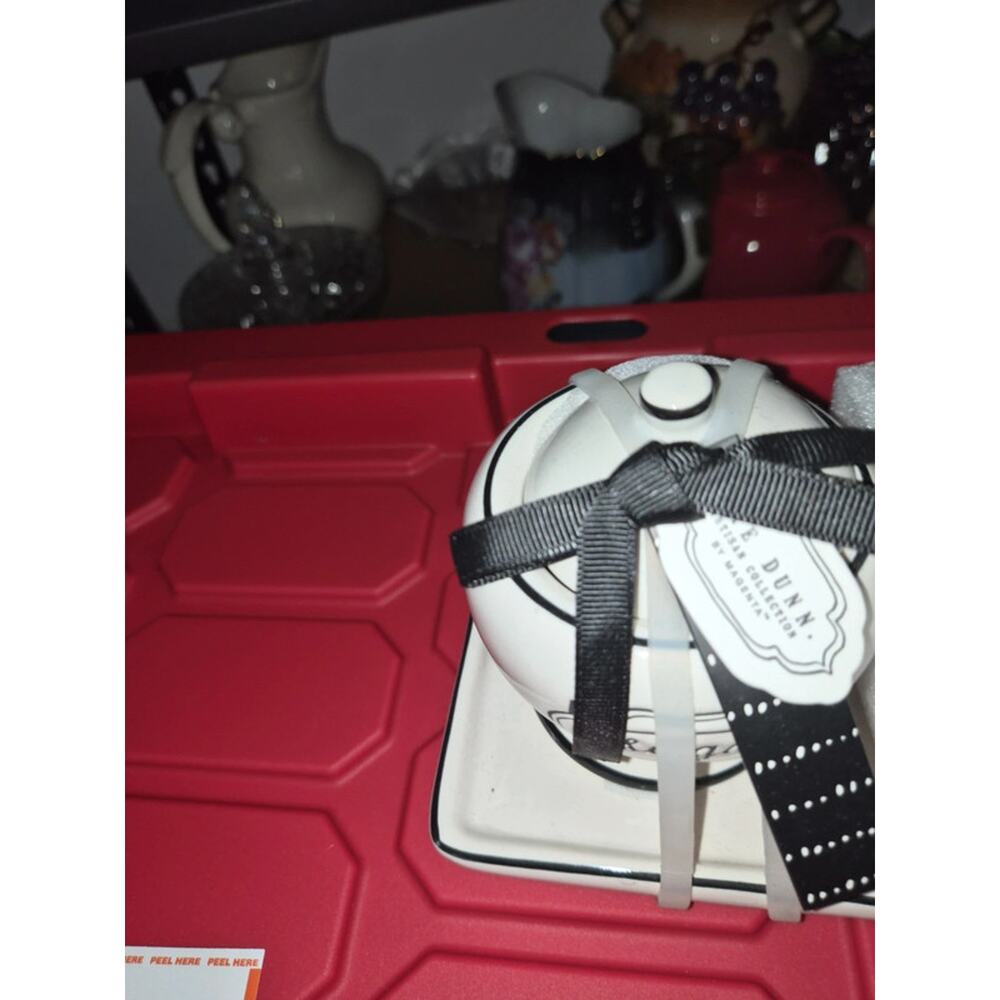 Rae Dunn sugar with lid and creamer and creamer also a tray